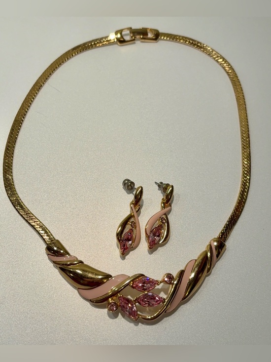 Trifari Jewelry - Vintage Trifari Gold-Tone Pink Rhinestone Necklace and Earrings Set